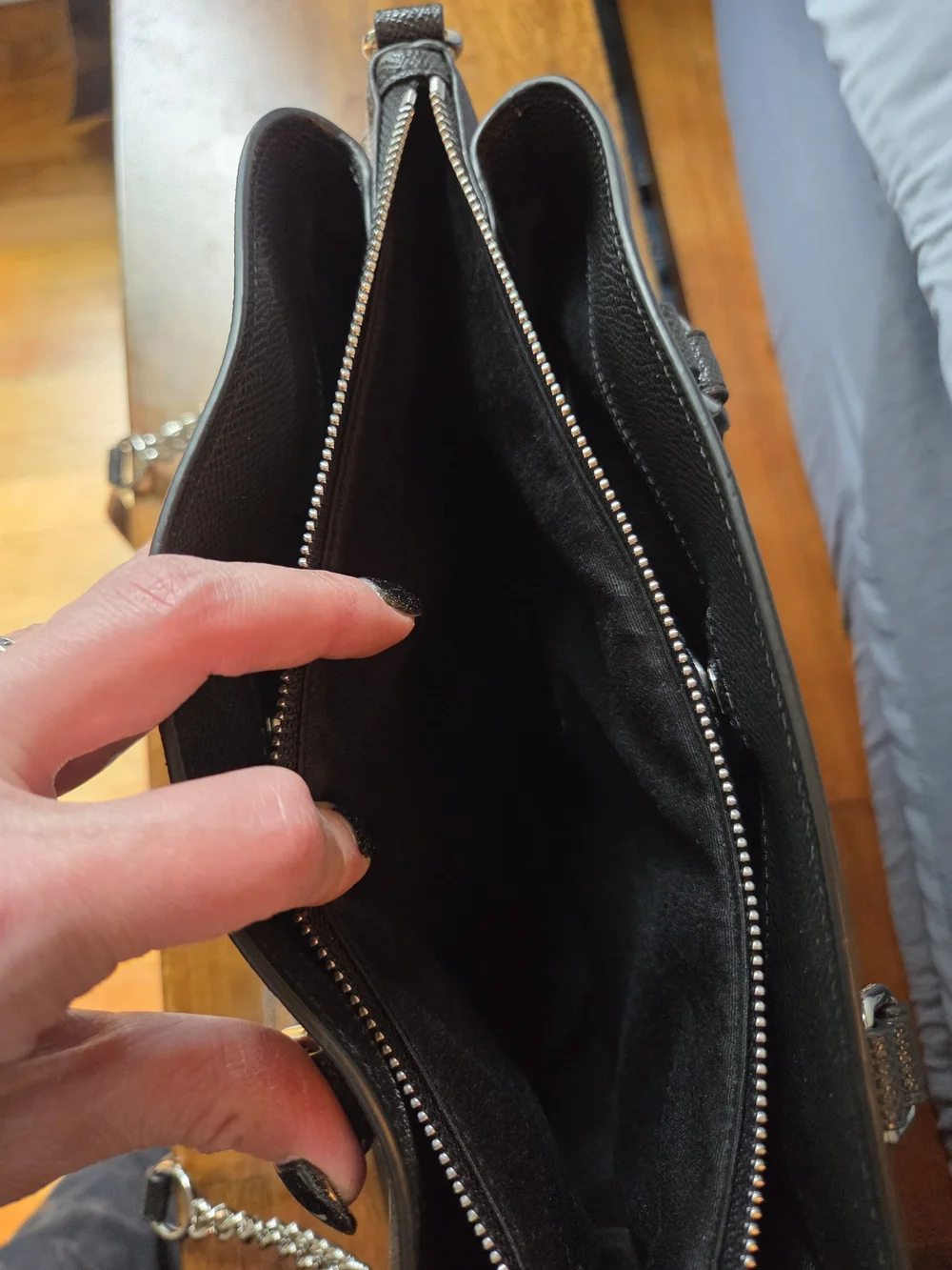 Coach Black Saffiano Leather Satchel with Silver Chain Strap